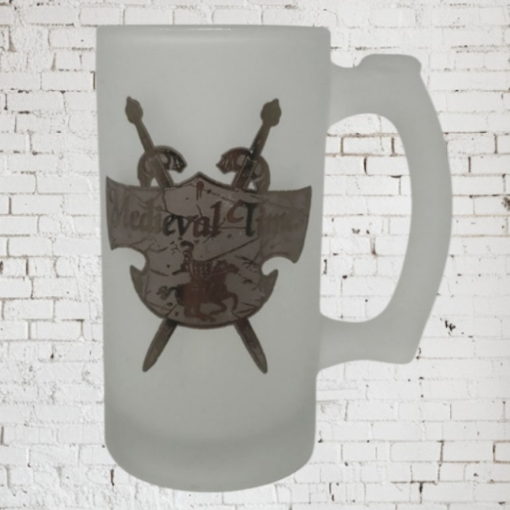 MIDIEVAL TIMES WHITE FROSTED SOUVENIR BEER STEIN/MUG